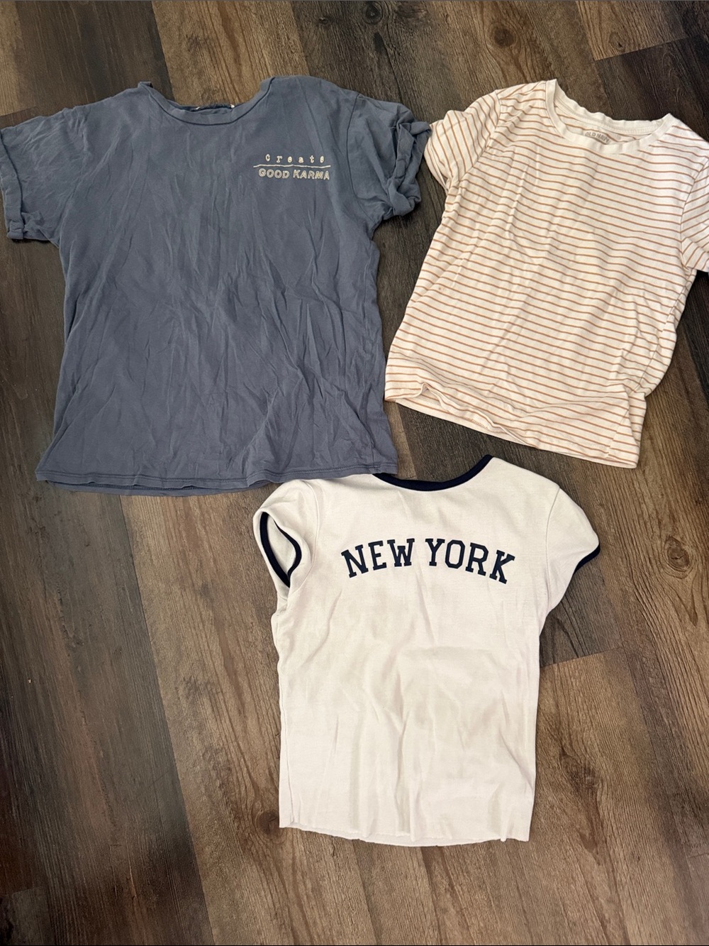 Old Navy Blue 'Good Karma' Tee with White New York Ringer Tee & Cream Stripe Top